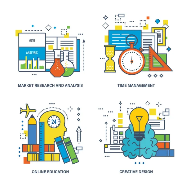 Market research and analysis, time management, online education, creative design. — Stock Vector