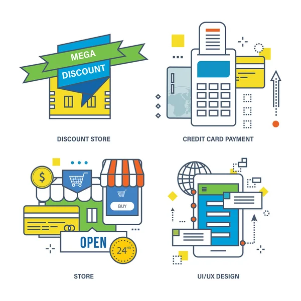 Концепция дисконтного магазина, оплата кредитной картой , — стоковый вектор