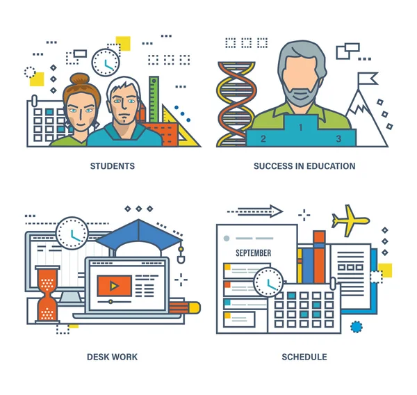 Concept d'étudiant et d'apprentissage, succès dans l'enseignement, travail de bureau — Image vectorielle