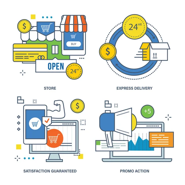 Концепция магазина, экспресс-доставка, гарантия удовлетворения, промо-акция . — стоковый вектор