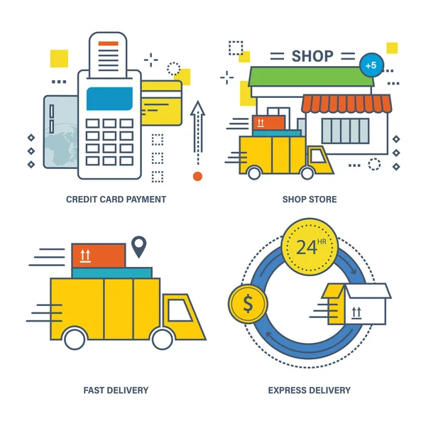 Concept de paiement par carte de crédit, magasin, livraison rapide et express . — Image vectorielle