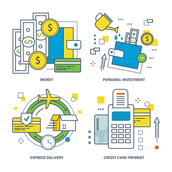 Concept d'argent, investissement personnel, livraison express, paiement par carte de crédit . — Image vectorielle