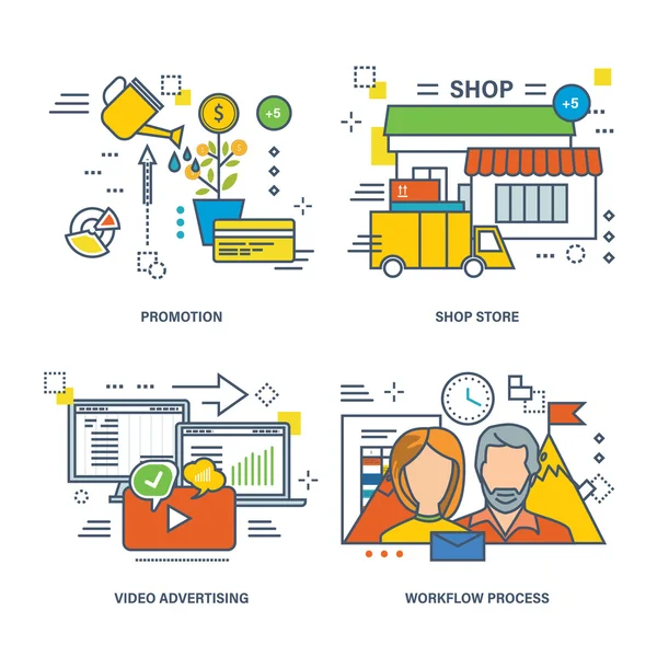 Concepto de publicidad en vídeo, comercio electrónico, promoción, proceso de flujo de trabajo . — Archivo Imágenes Vectoriales