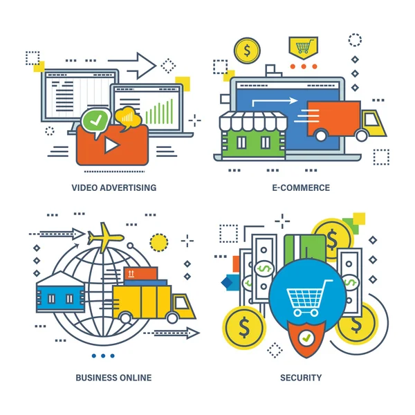 Conceito de publicidade em vídeo, e-commerce, negócios on-line, segurança . — Vetor de Stock