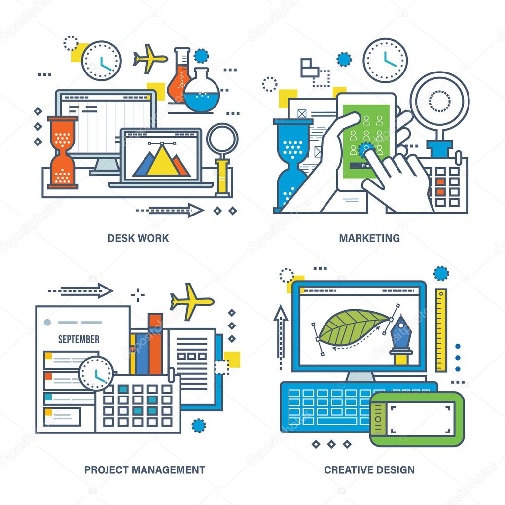 Concept of desk work, marketing, creative process and project management.