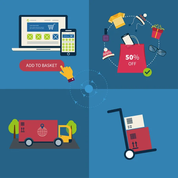 E-ticaret sembolleri ve internet öğeleri alışveriş simgeleri — Stok Vektör