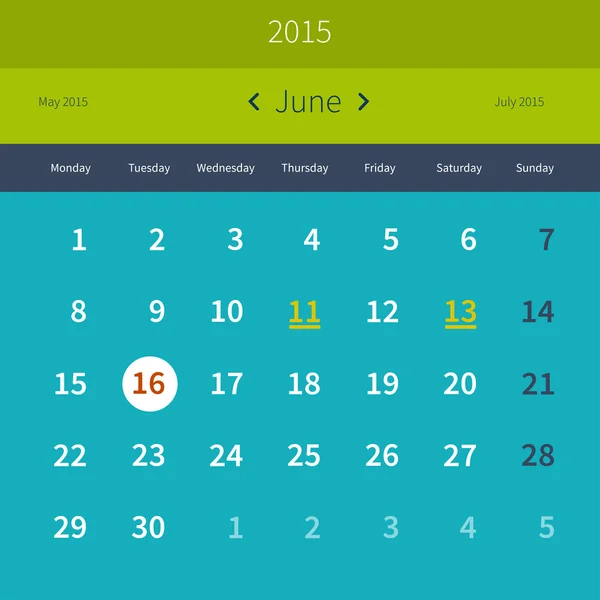 Calendario 2015 junio — Archivo Imágenes Vectoriales