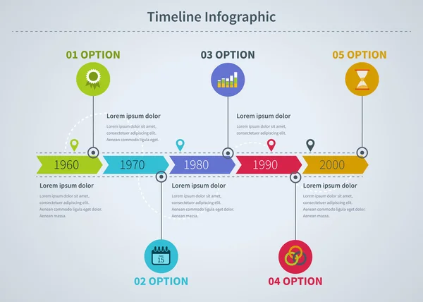 Tijdlijn infographic met diagrammen — Stockvector