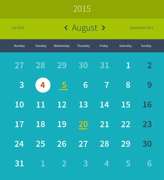 Calendario agosto 2015 — Archivo Imágenes Vectoriales