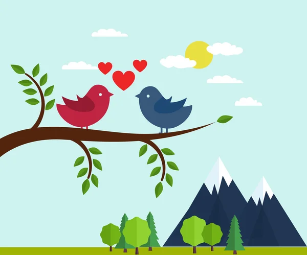 Pájaros felices en el árbol con corazones . — Vector de stock