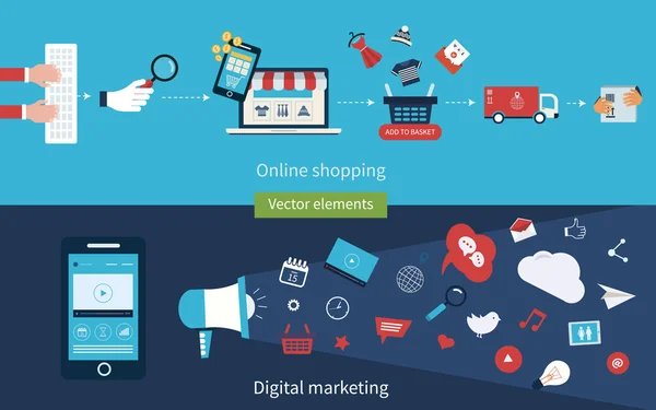 Compras en línea, marketing móvil — Vector de stock