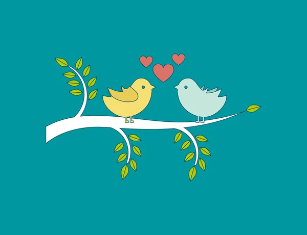 Lovers and happy birds on tree with hearts — Stock Vector