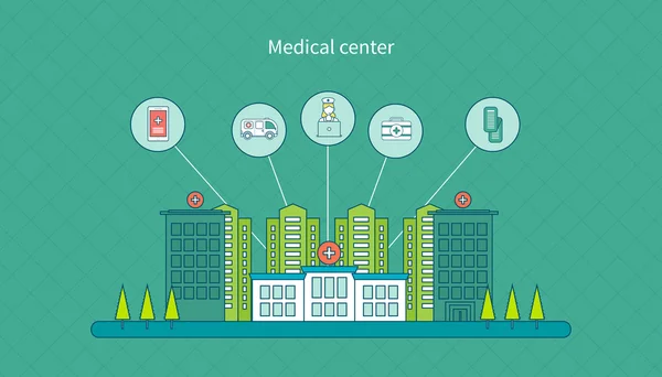 Salud, centro médico y edificio del hospital — Vector de stock