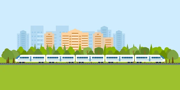 Paisaje y tren en ferrocarril — Vector de stock