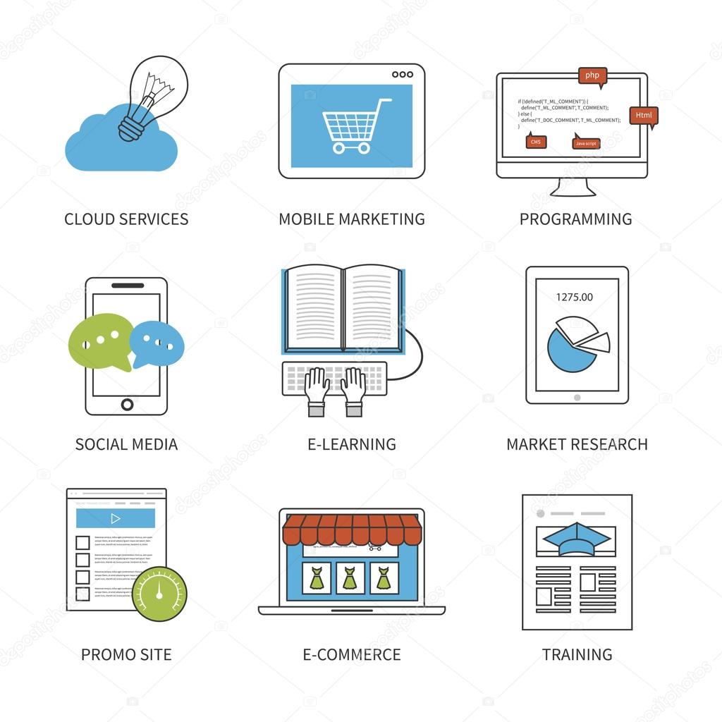 Flat design modern vector illustration concept for cloud services, mobile marketing, programming, social media, e-learning, market research and e-commerce. Thin line icons.