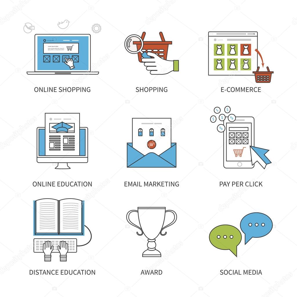 Flat design modern vector illustration concept for online shopping, mobile marketing, e-commerce, social media, e-learning, distance education, pay per click and email marketing. Thin line icons.