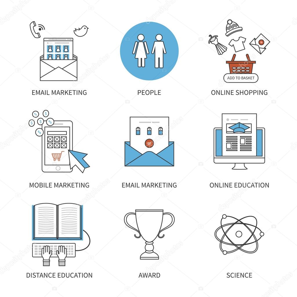 Flat design modern vector illustration concept for online shopping, mobile marketing, e-commerce, award, e-learning, distance education, pay per click and email marketing. Thin line icons.