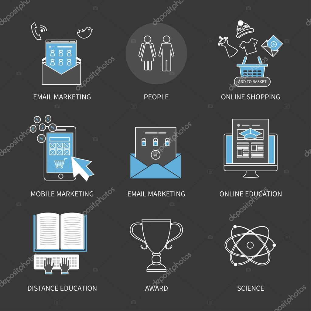 Flat design modern vector illustration concept for online shopping, mobile marketing, e-commerce, award, e-learning, distance education, pay per click and email marketing. Thin line icons.
