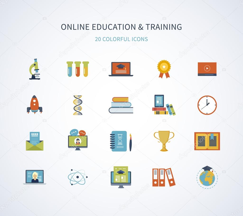 icons set of online education and training