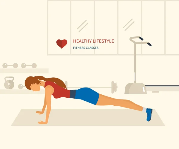 Vrouw push-up in fitness gym — Stockvector