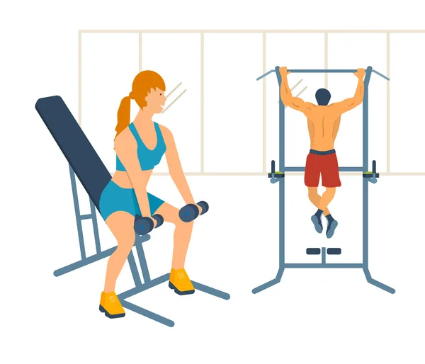 Woman and man exercising in gym — Stock Vector