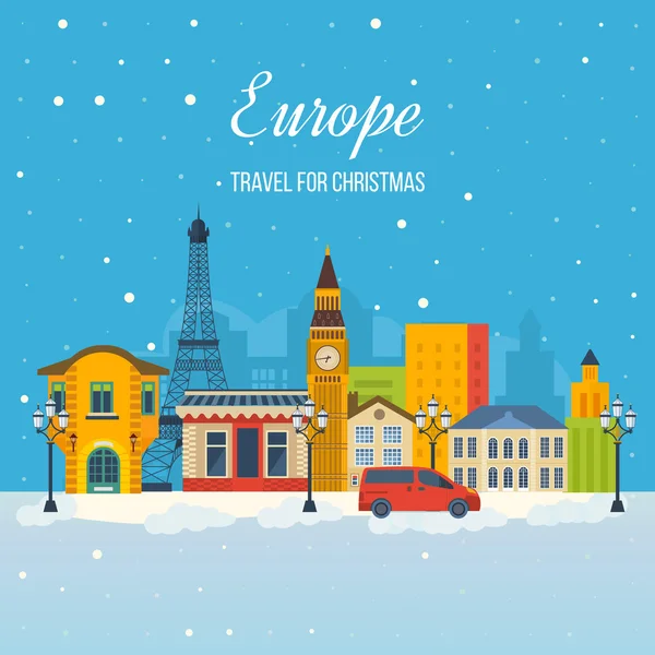 Viaje a Europa para la tarjeta de Navidad — Vector de stock