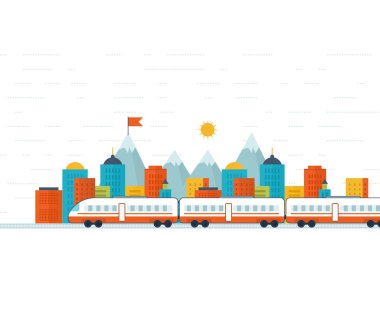 Train on railway with Urban landscape