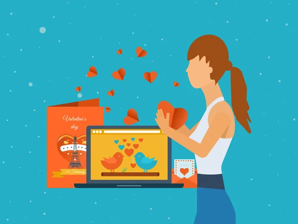 Mujer abriendo sobre con tarjetas de corazones — Vector de stock