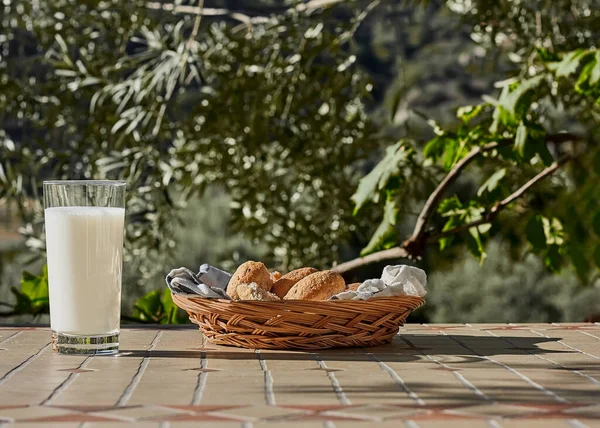 Fresh milk and bread on the table on nature background. Kefir, milk or Turkish Ayran drink in a glass. Vegan milk. World milk day concept. Space for text