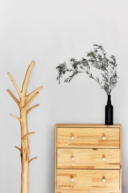 Minimalist koridor içi, modaya uygun ahşap elbise askısı standı ve gri bir duvara karşı klozette kuru yapraklar olan siyah çiçek vazosu. Boşluğu kopyala