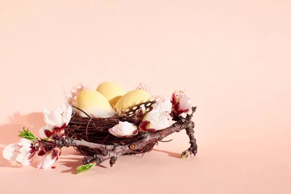 Stylish easter eggs with spring sprigs and feathers in the nest on light pink pastel background. Happy Easter. Greeting card template. Space for text.