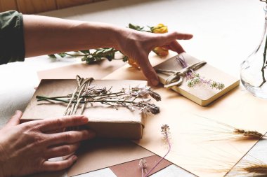 Kadınlar sıfır israf yapıyor, plastiksiz, moda el yapımı geri dönüşümlü kağıt ve masa örtülü kurutulmuş çiçeklerle hediye paketi yapıyor. Doğal Estetik.