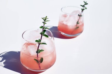 Yaz greyfurt kokteyli. Güneş ışığında sert gölgeli şifalı bitkilerle sağlıklı greyfurt içeceği. Beyaz arka planda palmiye yaprağı olan yaratıcı içecek