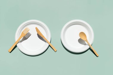 Çevre dostu bambu çatal bıçak seti ve açık yeşil pastel arka planda biyolojik çözünebilir plakalar. Sıfır atık, plastiksiz yaşam tarzı konsepti.