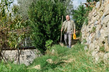 Sakallı bahçıvan meyve sulama tenekesi ve kürekle yürüyor bitkilerle ilgilenmek ve sebze bahçesinde çalışmak için.