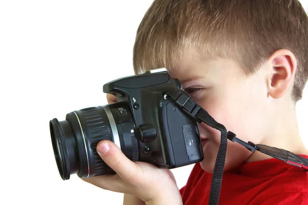 Jongen met een close-up van de camera — Stockfoto