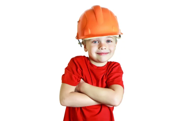 Lachende jongen in de bouw helm — Stockfoto