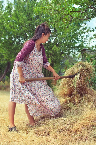 Meisje in retro jurk op de natuur — Stockfoto