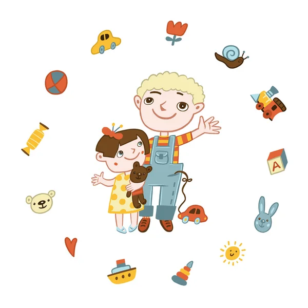 Chłopiec i dziewczynka w otoczeniu zabawek — Zdjęcie stockowe