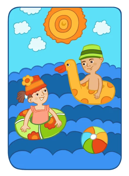 Girl and boy swimming in the sea on inflatable circles, the sun shines brightly — Stock Photo, Image