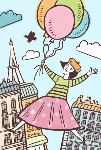 Girl on the balloons flying over Paris — Stock Photo, Image