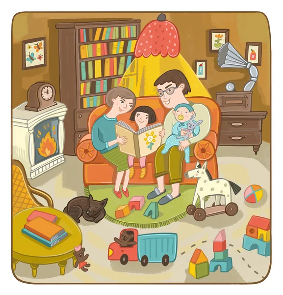 Famille : maman, papa, fils et fille assis dans une chambre confortable et lire un livre — Photo