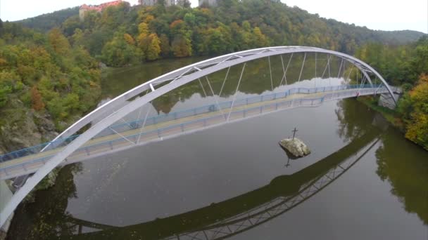 Einfache Fußgängerbrücke im Grünen — Stockvideo