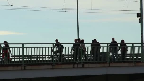 Pessoas caminhando na ponte — Vídeo de Stock