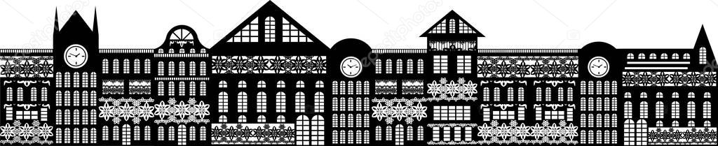 Vector image of a continuous wall, consisting of a variety of multi-storey buildings, decorated with decorative elements. EPS 10 — Stock Illustration Vector Image Continuous Wall Consisting Variety Multi Storey Buildings Decorated Stock Illustration