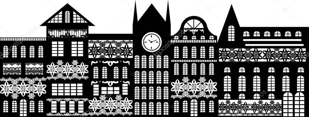 Vector image of a continuous wall, consisting of a variety of multi-storey buildings, decorated with decorative elements. EPS 10 — Stock Illustration Vector Image Continuous Wall Consisting Variety Multi Storey Buildings Decorated Royalty Free Stock Illustrations