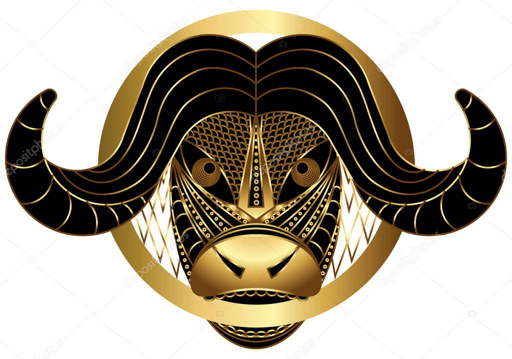 Vector image of a bull's head, geometrically stylized and inscribed in a circle according to the principles of the golden ratio. The 2021 symbol is executed in gold. EPS 10