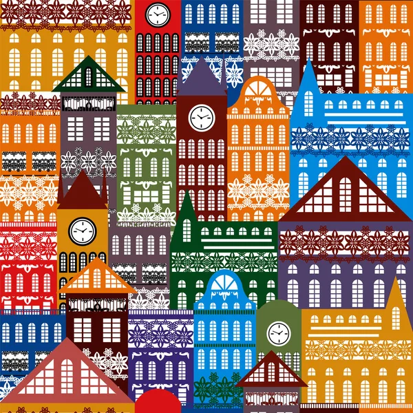 Vector background seamless pattern, consisting of simple houses with patterns in the form of snowflakes on the facades. EPS 10