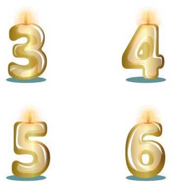 Vector image of candles metallized in gold in the form of numbers on a white background in cartoon style clipart