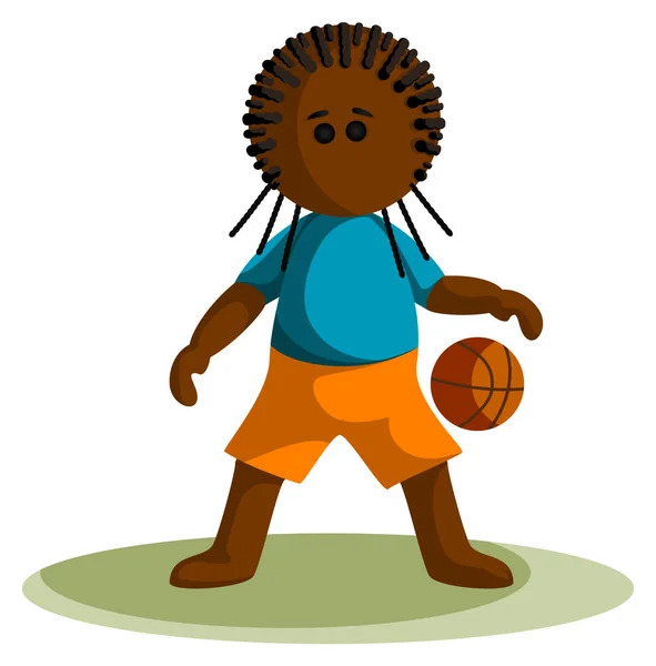 Elinde Basketbol Topu Olan Koyu Tenli Bir Çocuğun Vektör Görüntüsü — Stok Vektör